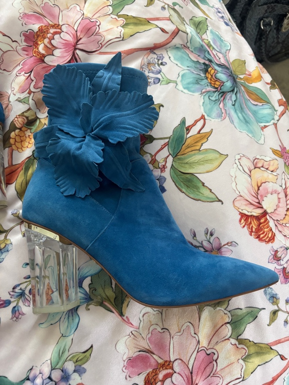 CECILIA NEW YORK Blue Suede Floral Appliqué Ankle Boot with Clear Block Heel